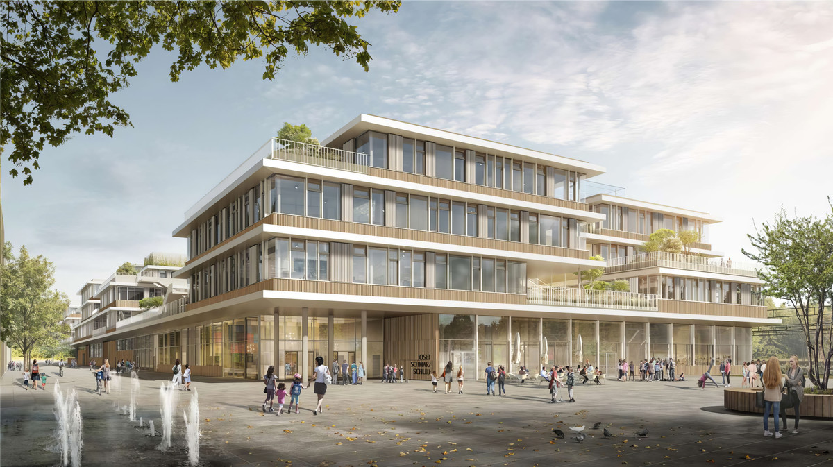 Die Visualisierung zeigt den Neubau Josef-Schwarz-Schule am Zaha-Hadid-Platz.